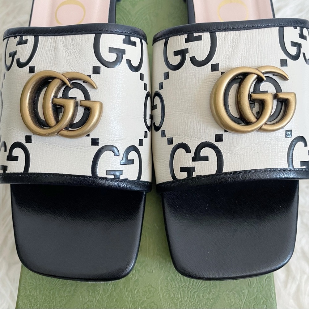 Gucci Jolie GG Marmont Slide Sandal Black White Leather size 39.5 - Picture 3 of 16